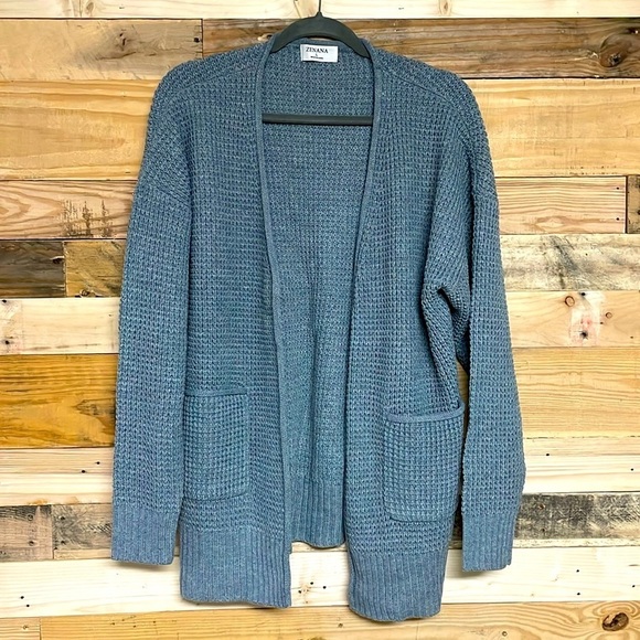 Zenana size large gray waffle knit cardigan sweater with pockets - Picture 1 of 8
